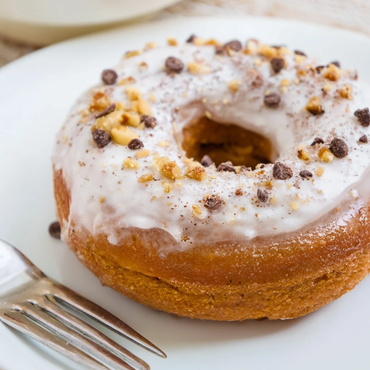 Fresh-baked Banana Donuts with cinnamon scent, served on a breakfast plate