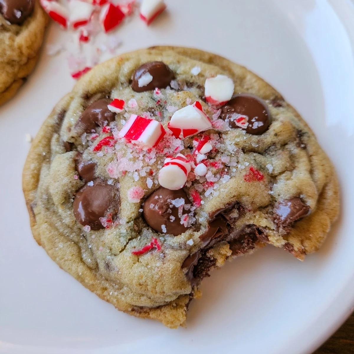 Peppermint Chocolate Chip Cookies cooling on rack, speckled with crushed candy.