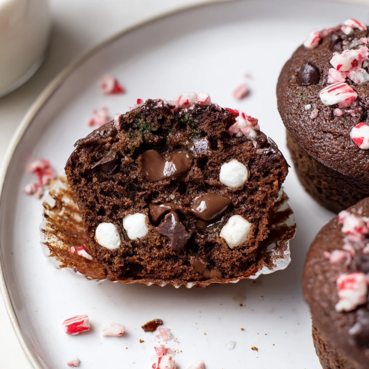A tray of Peppermint Hot Chocolate Muffins, warm and chocolate scented  