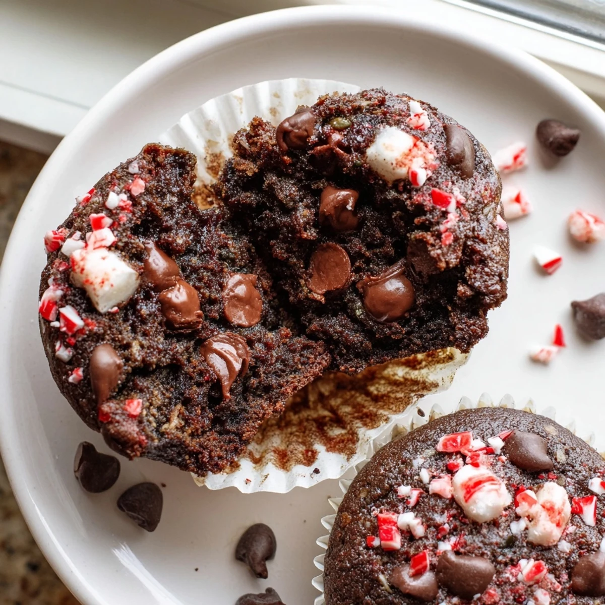 Fresh Peppermint Hot Chocolate Muffins topped with crushed candy, steam rising  