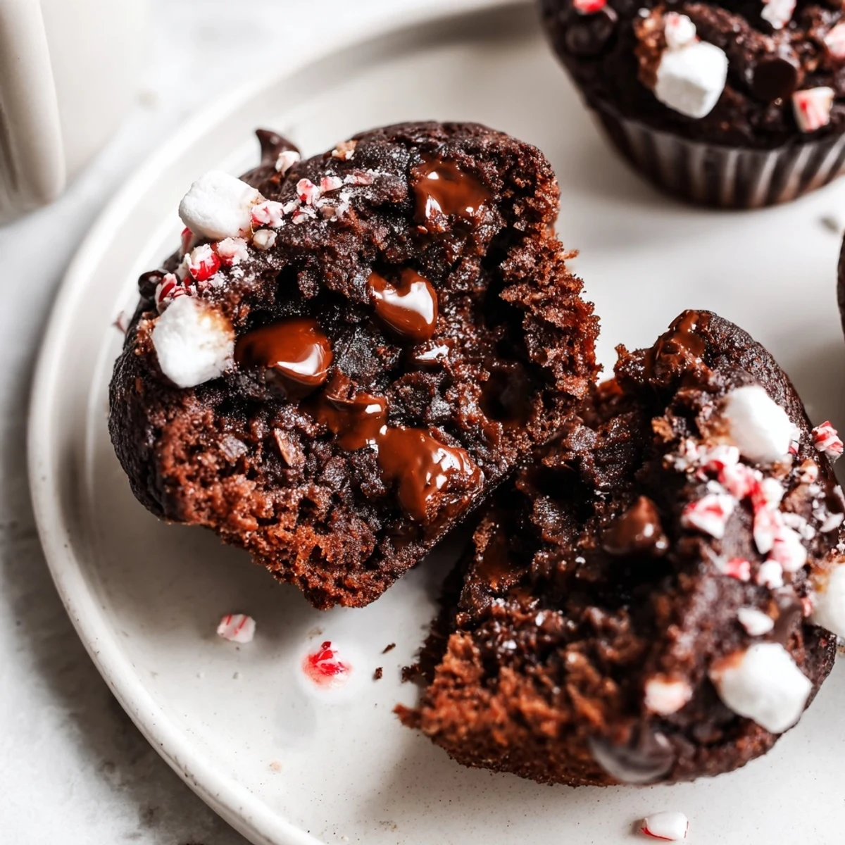 Plate of Peppermint Hot Chocolate Muffins served with whipped cream and cocoa