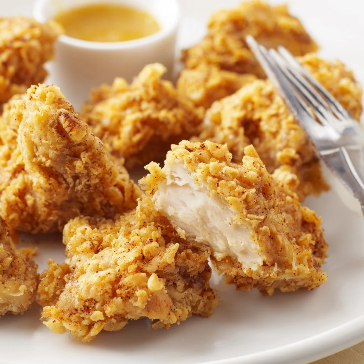 Crispy golden Chicken Bites piled on a plate with ranch dip