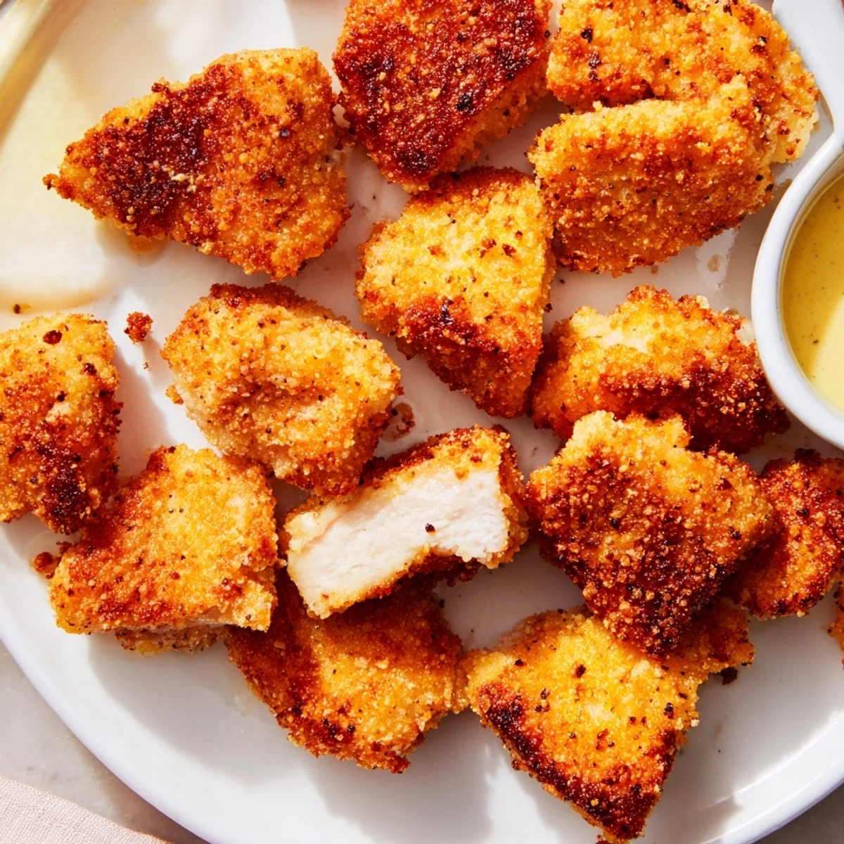Buttermilk-marinated Chicken Bites, tender interior and crunchy seasoned crust