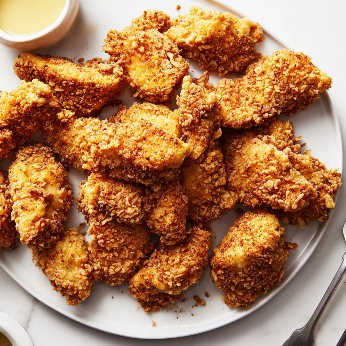 Airy steam rising from freshly fried Chicken Bites served hot