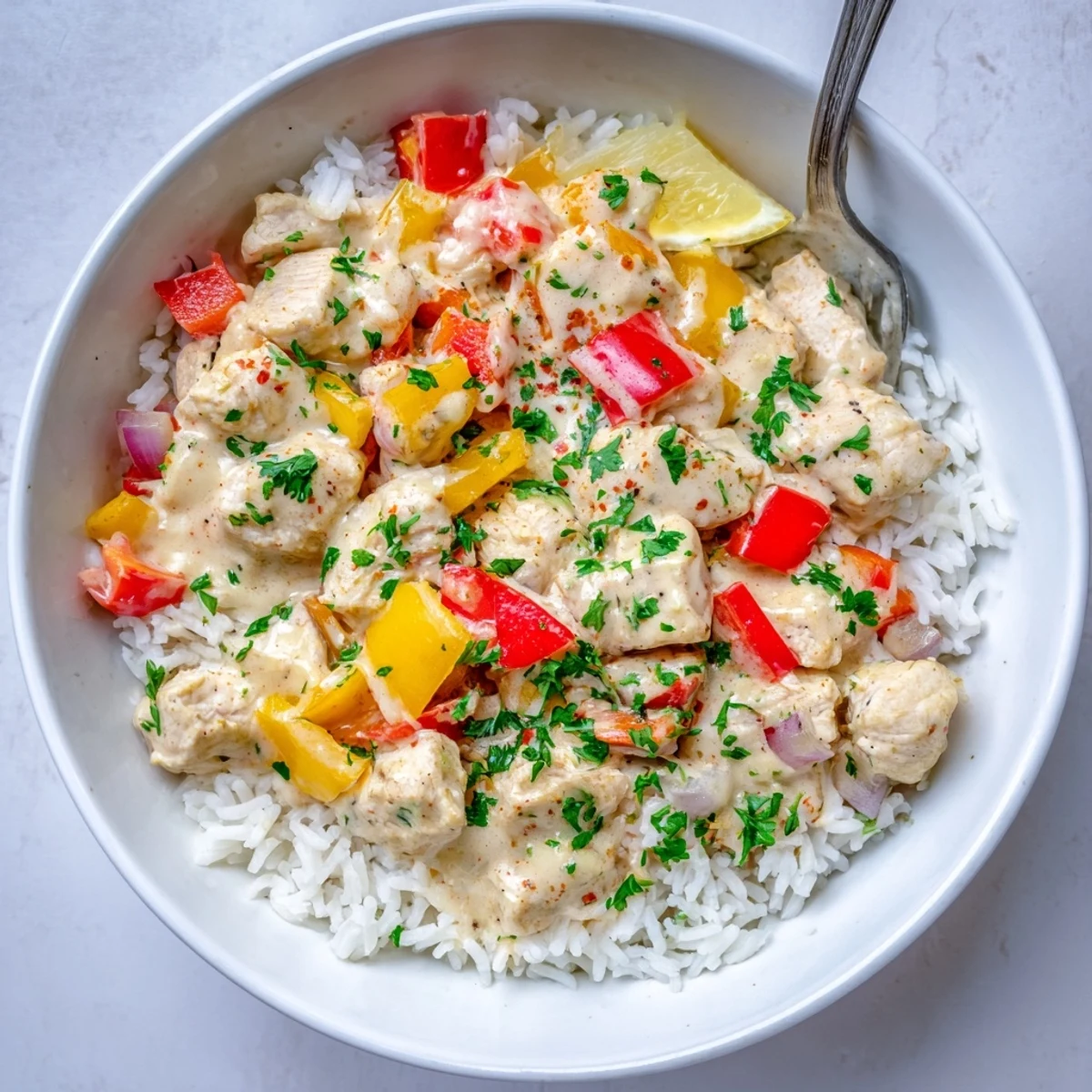 Creamy Cajun Chicken Rice Bowls with tender chicken, vibrant peppers, and steaming rice
