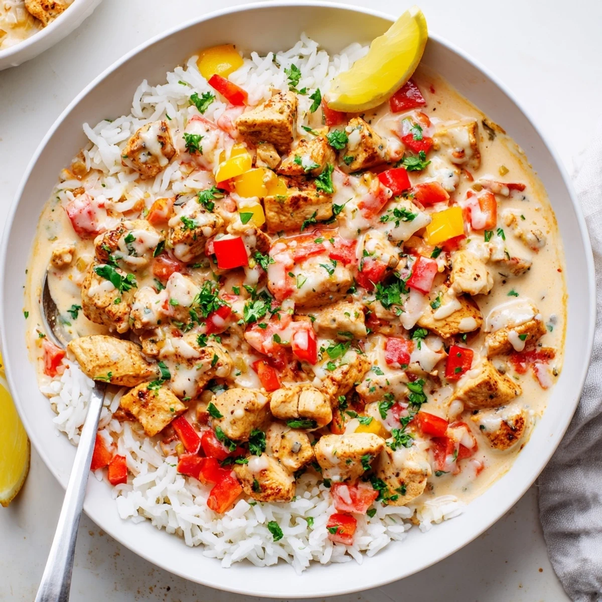 Creamy Cajun Chicken Rice Bowls drizzled in silky sauce, garnished with parsley