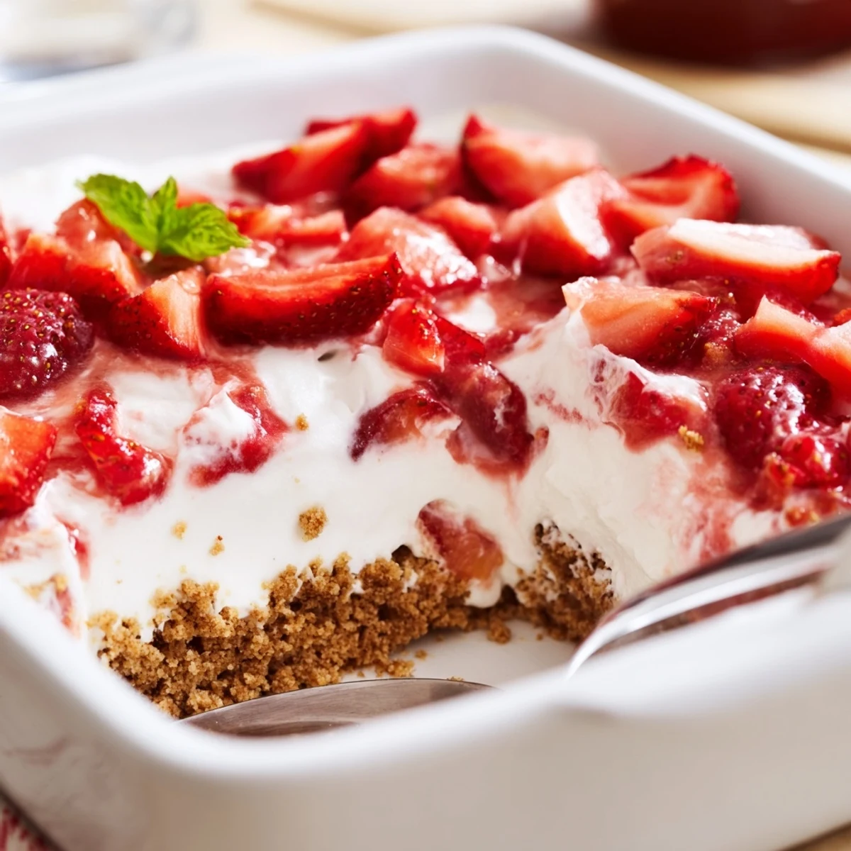 No Bake Strawberry Shortcake Dessert creamy layers, macerated strawberries, crunchy graham base chilled