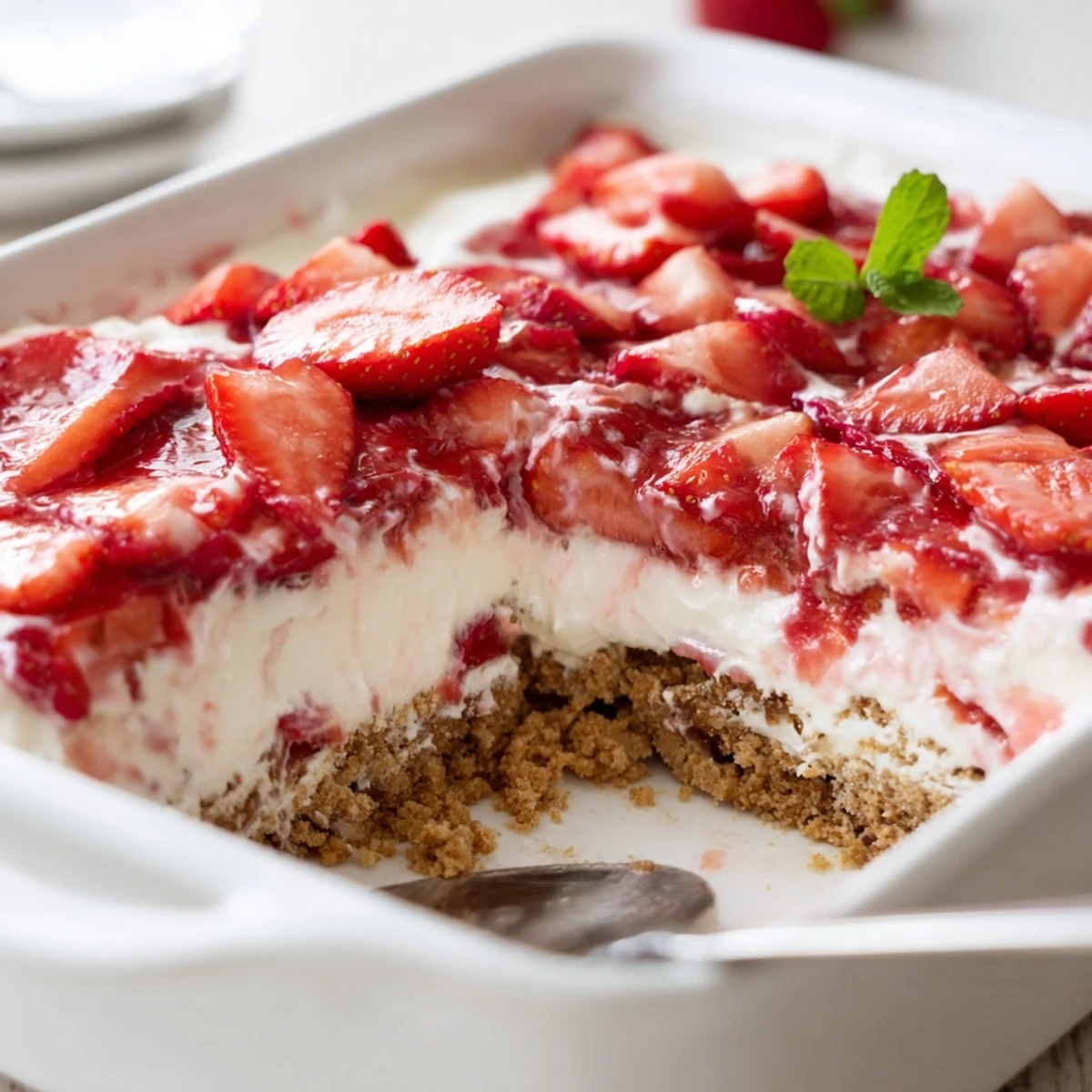 Spoonful of No Bake Strawberry Shortcake Dessert with silky cream and bright strawberries