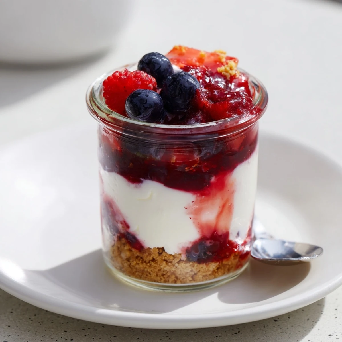 Berry No Bake Cheesecakes with glossy berry compote atop creamy chilled layers