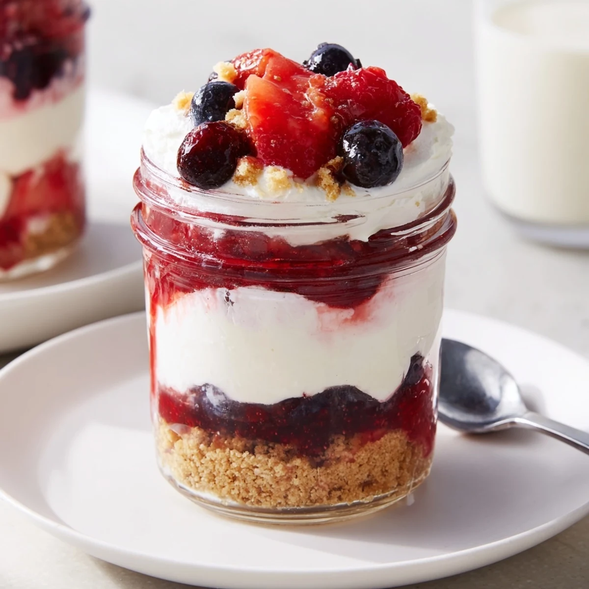 Individual Berry No Bake Cheesecakes in glasses, crunchy base and zesty lemon