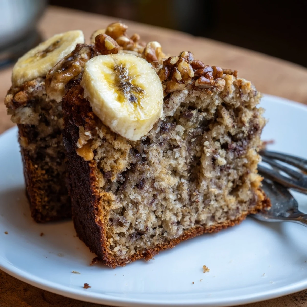 Slice of Banana Bread Cake Recipe on plate, topped with powdered sugar