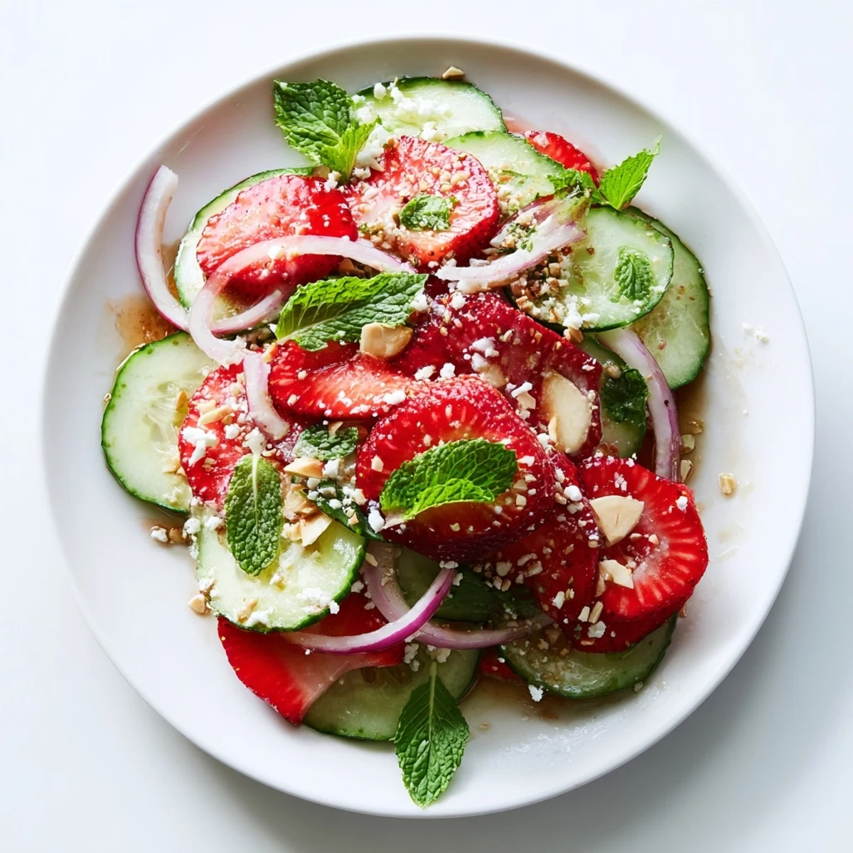 Cucumber Strawberry Salad Recipe: crisp cucumber, juicy strawberries tossed in tangy dressing