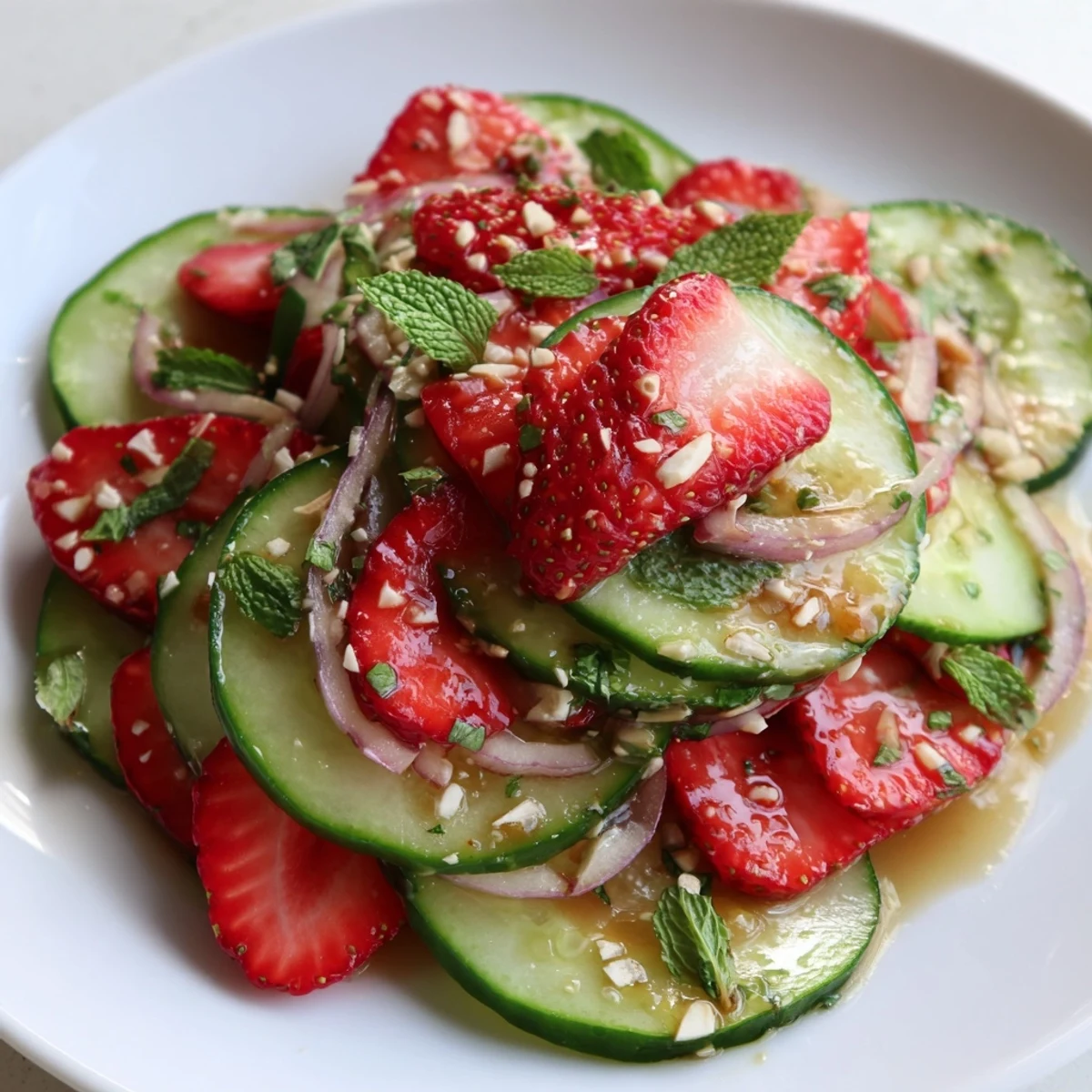 Bright Cucumber Strawberry Salad Recipe served chilled with mint, feta, and almonds
