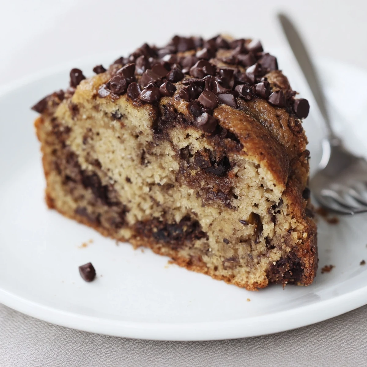 Moist Banana Chocolate Chip Cake served with vanilla ice cream, gooey bites