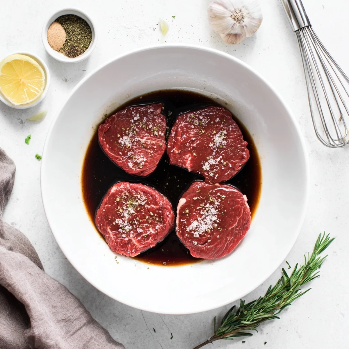 Citrusy, savory Steak Marinade in a bowl, whisked and aromatic