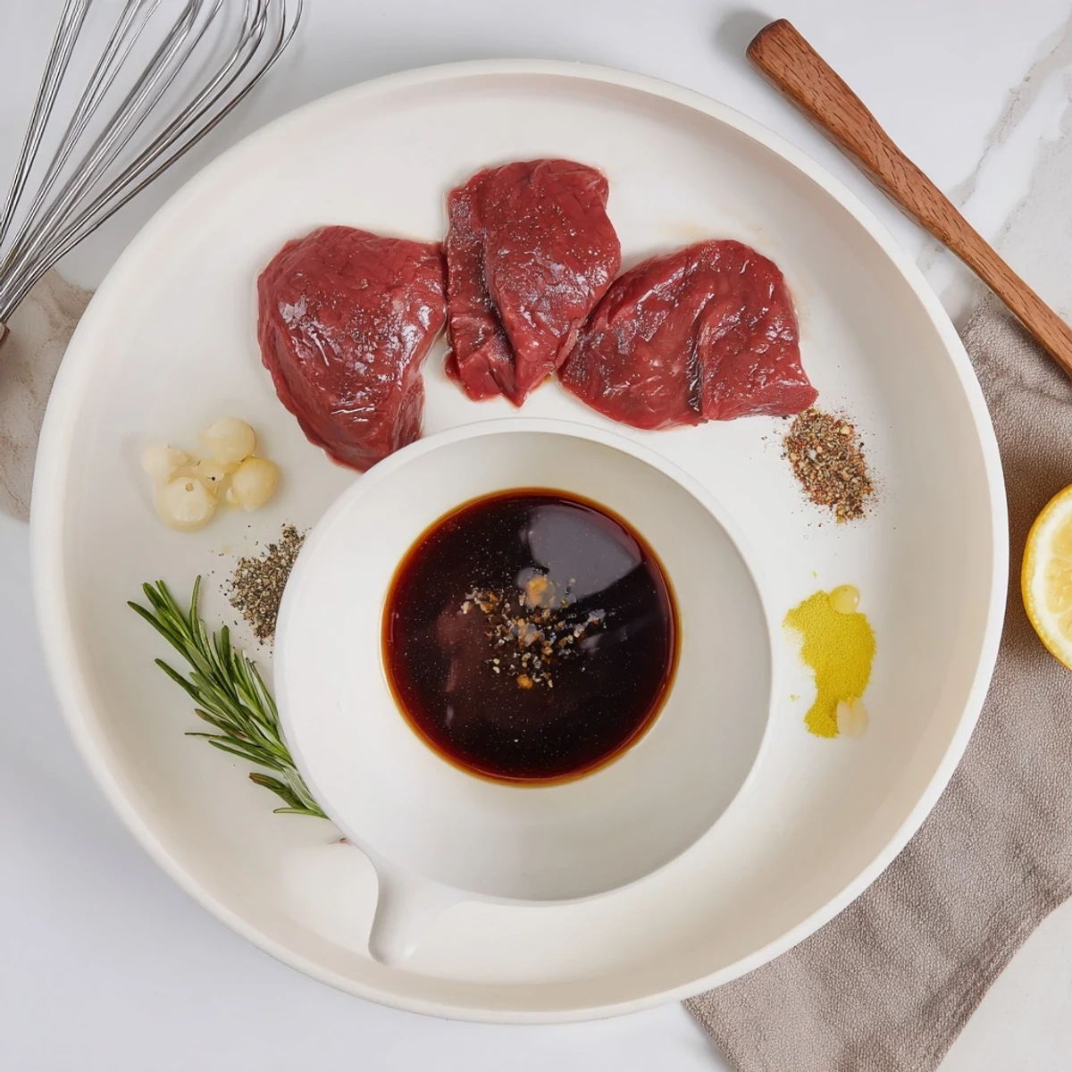 Glazed, garlicky Steak Marinade coating raw steaks, ready for backyard grilling
