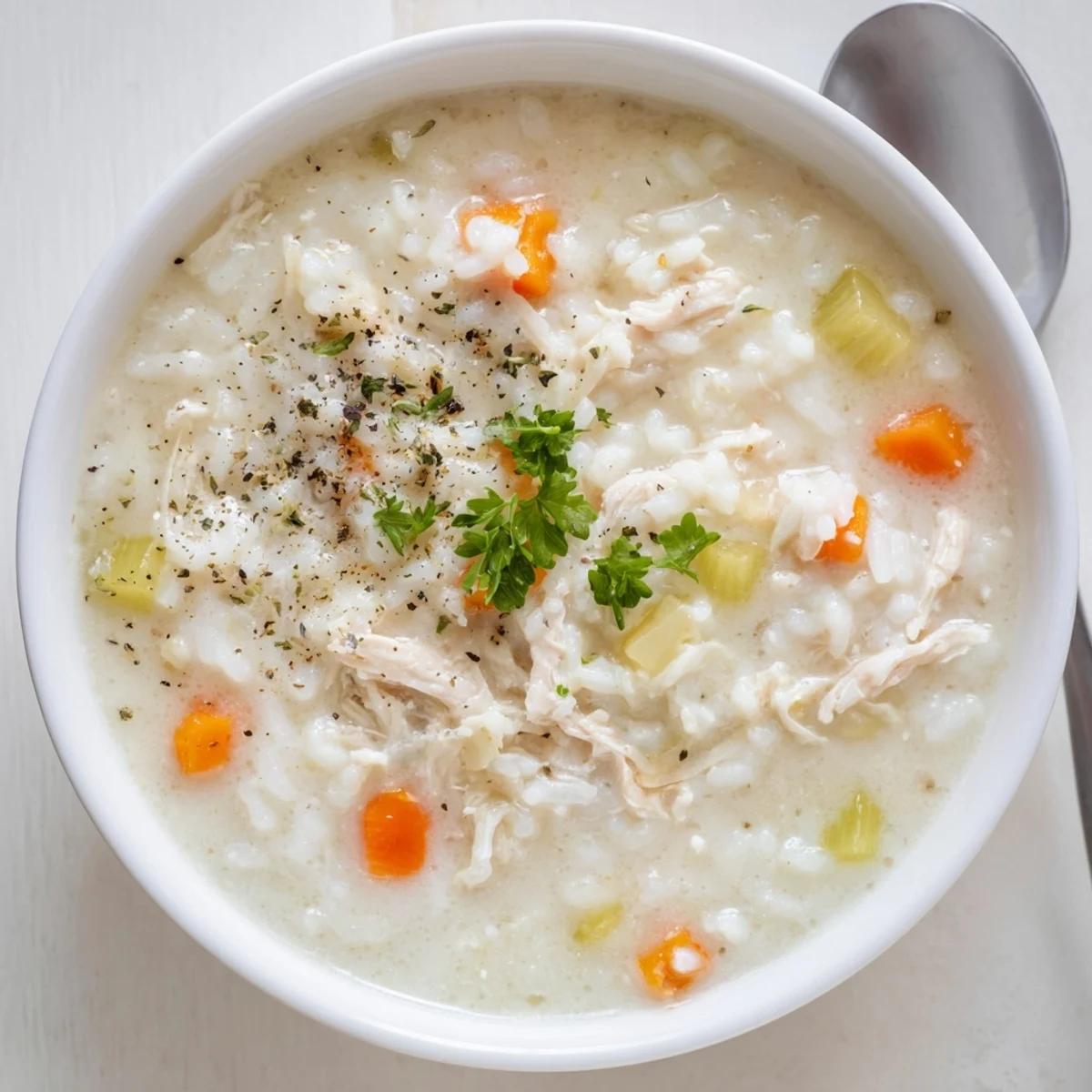 Creamy Chicken Rice Soup steaming in bowl, tender chicken and silky broth