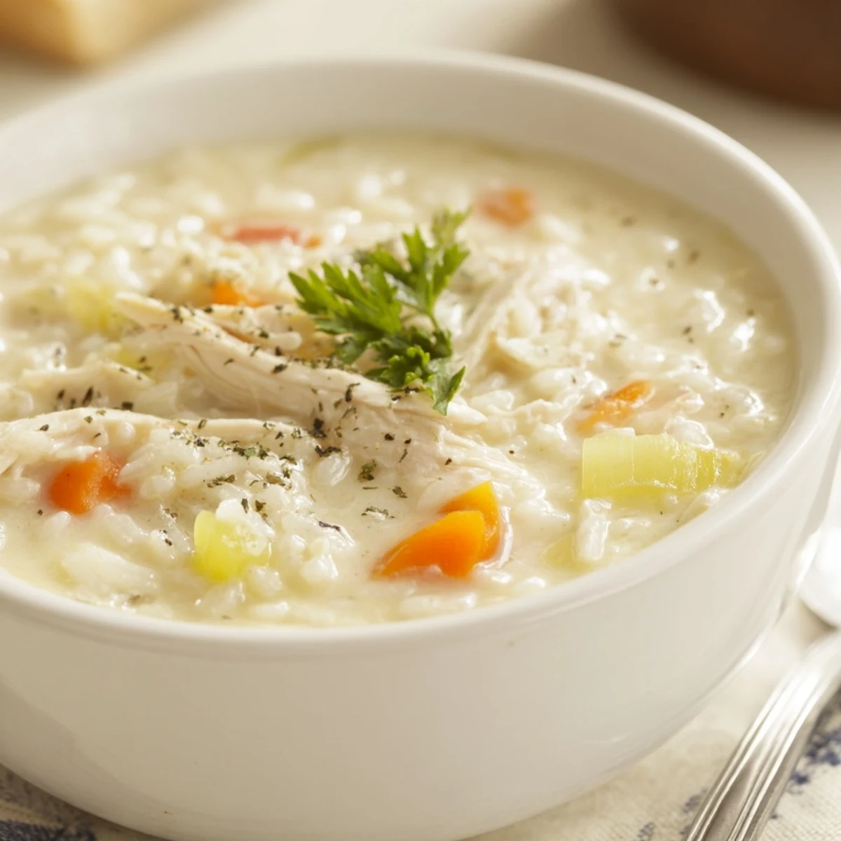Bowl of Creamy Chicken Rice Soup garnished with parsley, served with bread