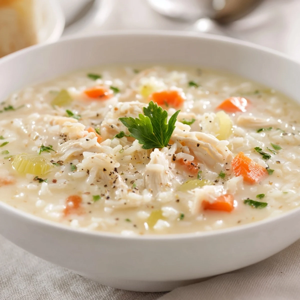 Hearty Creamy Chicken Rice Soup with carrots and celery, rich, warming spoonful