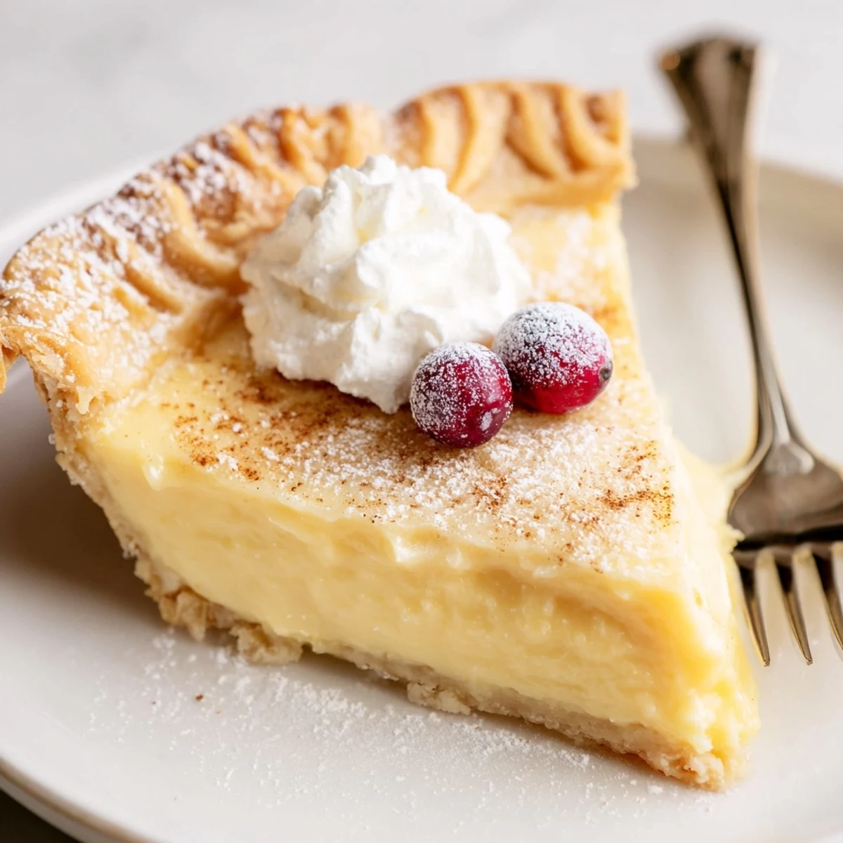 Christmas Eve Custard Pie With Cinnamon Vanilla, warm silky filling dusted with sugar