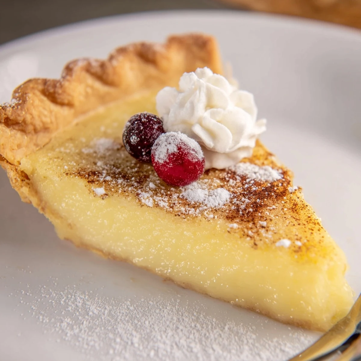 Christmas Eve Custard Pie With Cinnamon Vanilla, creamy custard spiced, served with whipped cream