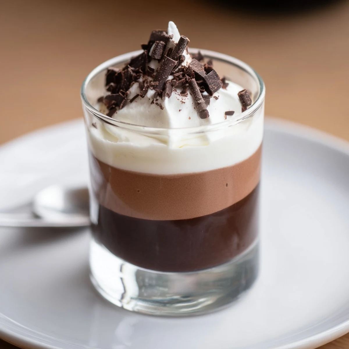 Silky layered dark, milk, and white mousses in Triple Chocolate Mousse Cups