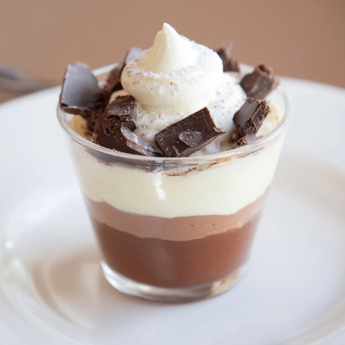 Chilled Triple Chocolate Mousse Cups topped with shaved chocolate, creamy melt in mouth layers