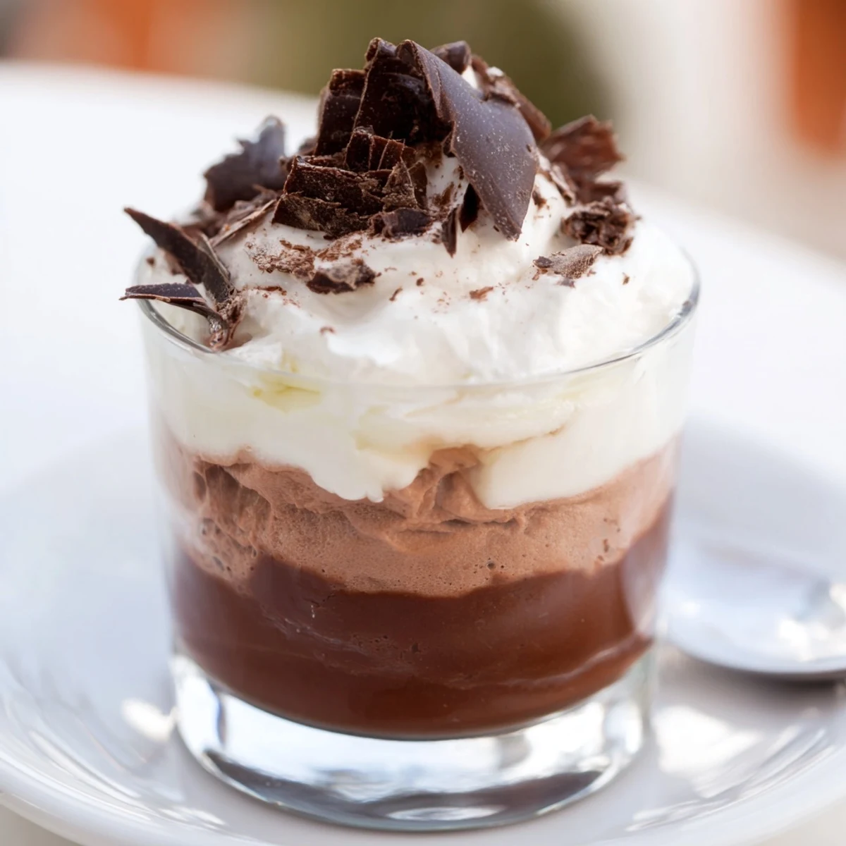 Spoon ready, Triple Chocolate Mousse Cups served in small glasses with cocoa dusting