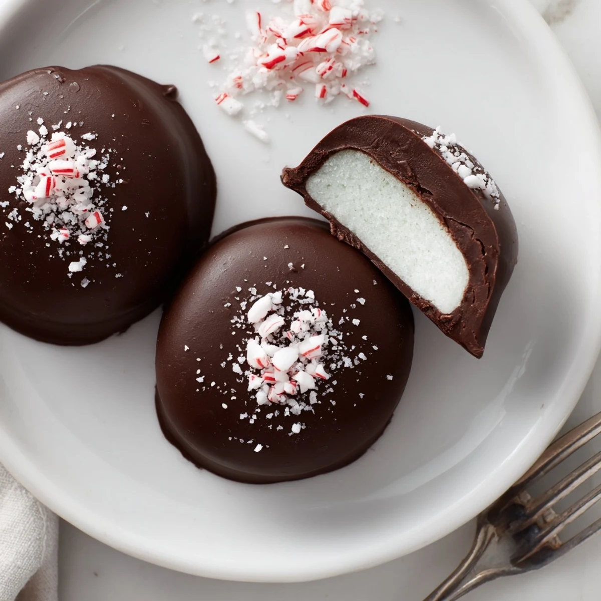 Homemade Peppermint Patties stacked on a plate, sliced to reveal creamy center.