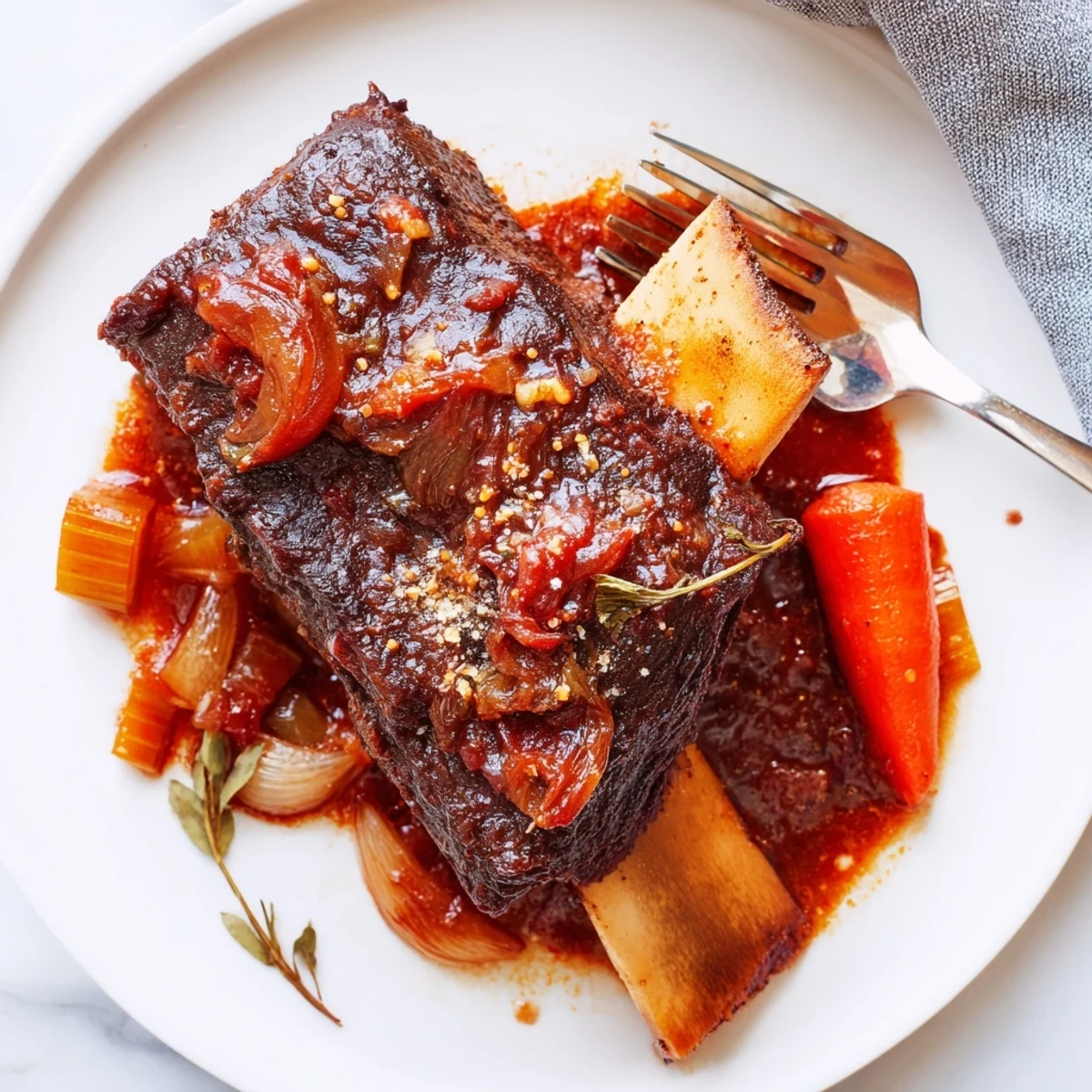 Plate of Slow Cooker Beef Short Ribs falling off the bone with carrots