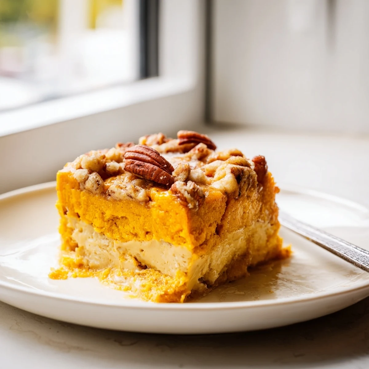 Pumpkin Dump Cake bubbling with cinnamon-spiced filling, golden pecan topping, served warm  