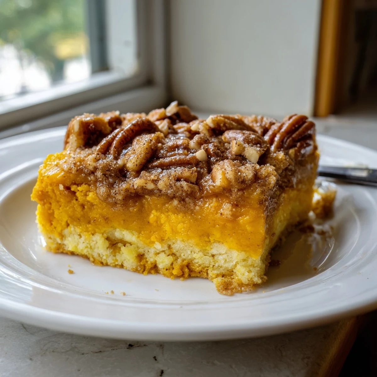 Rustic Pumpkin Dump Cake cooling in baking pan, buttery crumbs and spice