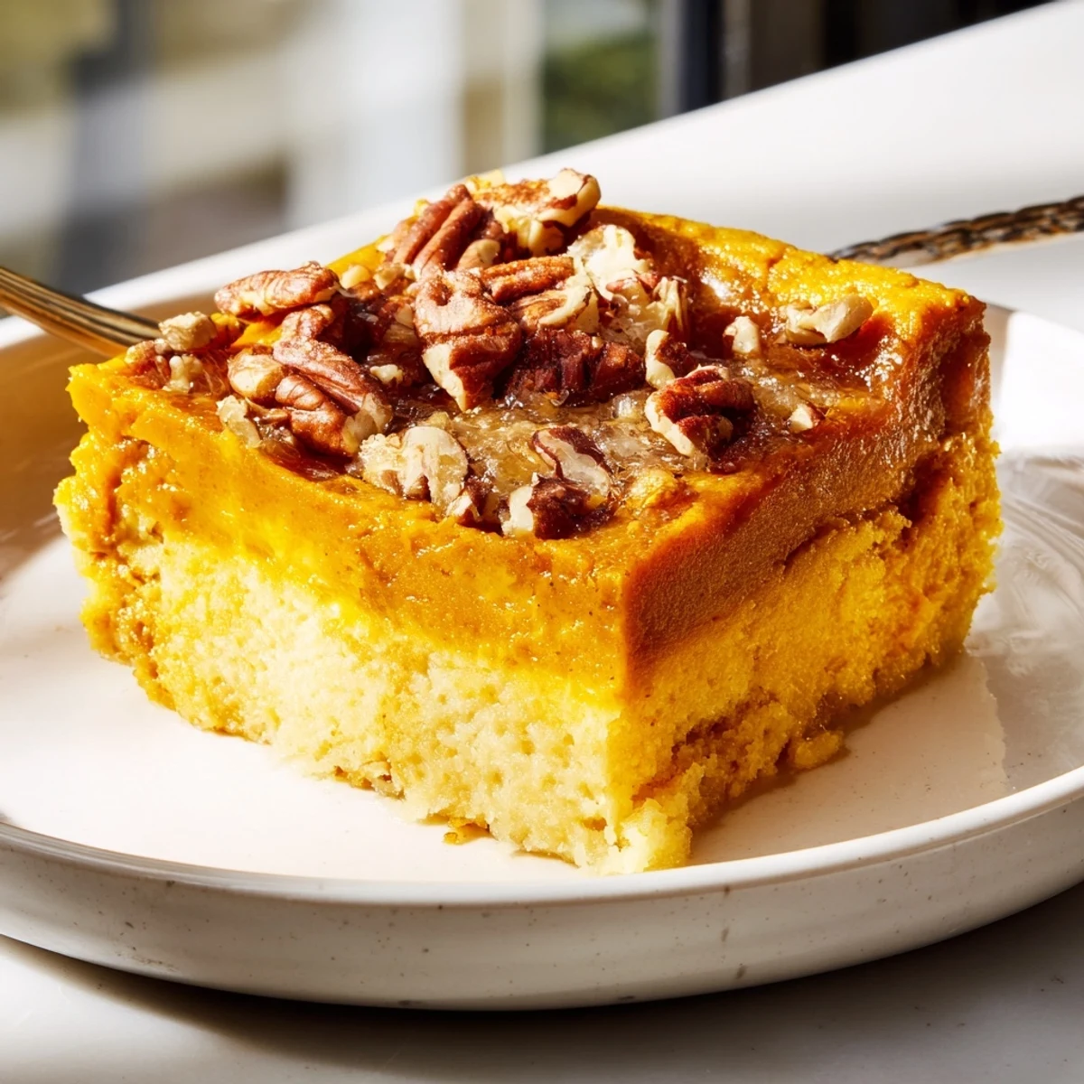 Slice of Pumpkin Dump Cake on plate, vanilla ice cream melting beside  