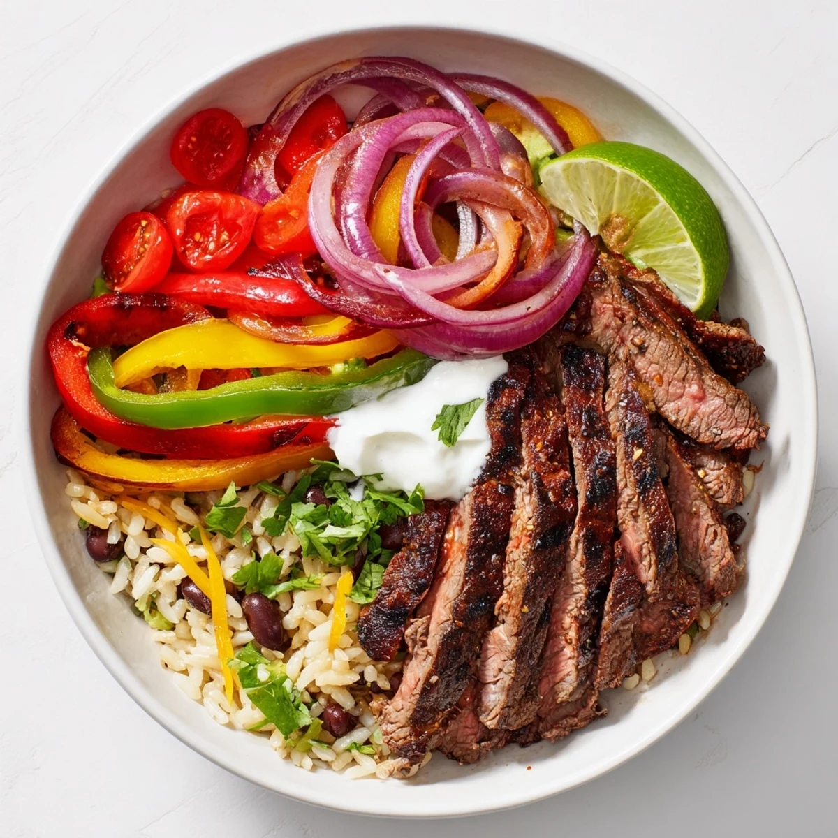 Steak Fajita Power Bowls with sizzling sliced steak, colorful peppers, lime
