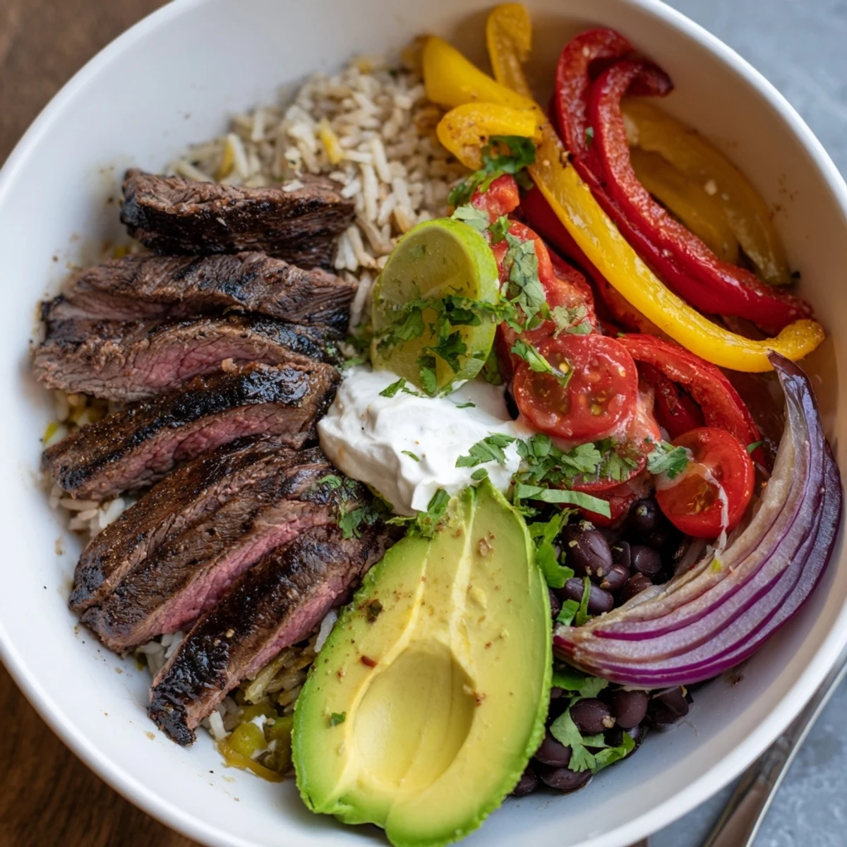 Smoky Steak Fajita Power Bowls with seared steak, melty cheese, black beans