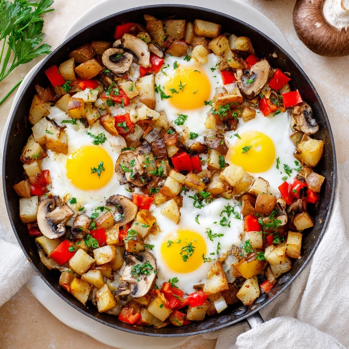 Golden skillet breakfast hash with eggs featuring crispy diced potatoes, colorful bell peppers, and onions topped with perfectly cooked sunny-side up eggs