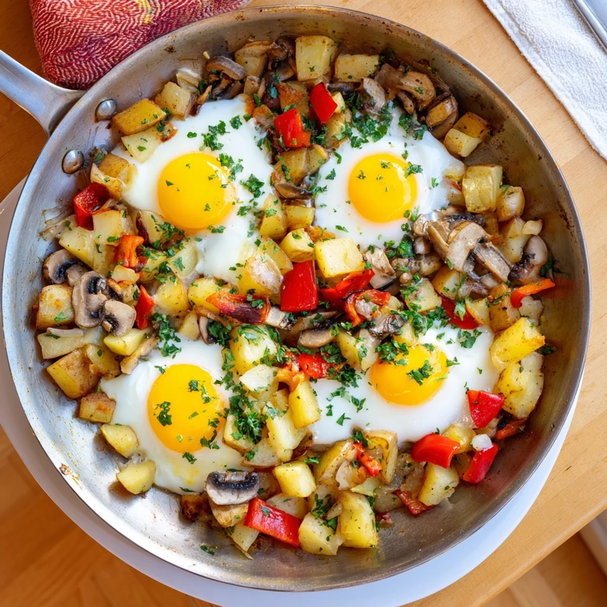 American breakfast hash with eggs plated steaming hot, displaying crispy potato vegetable medley crowned with four perfectly cooked eggs