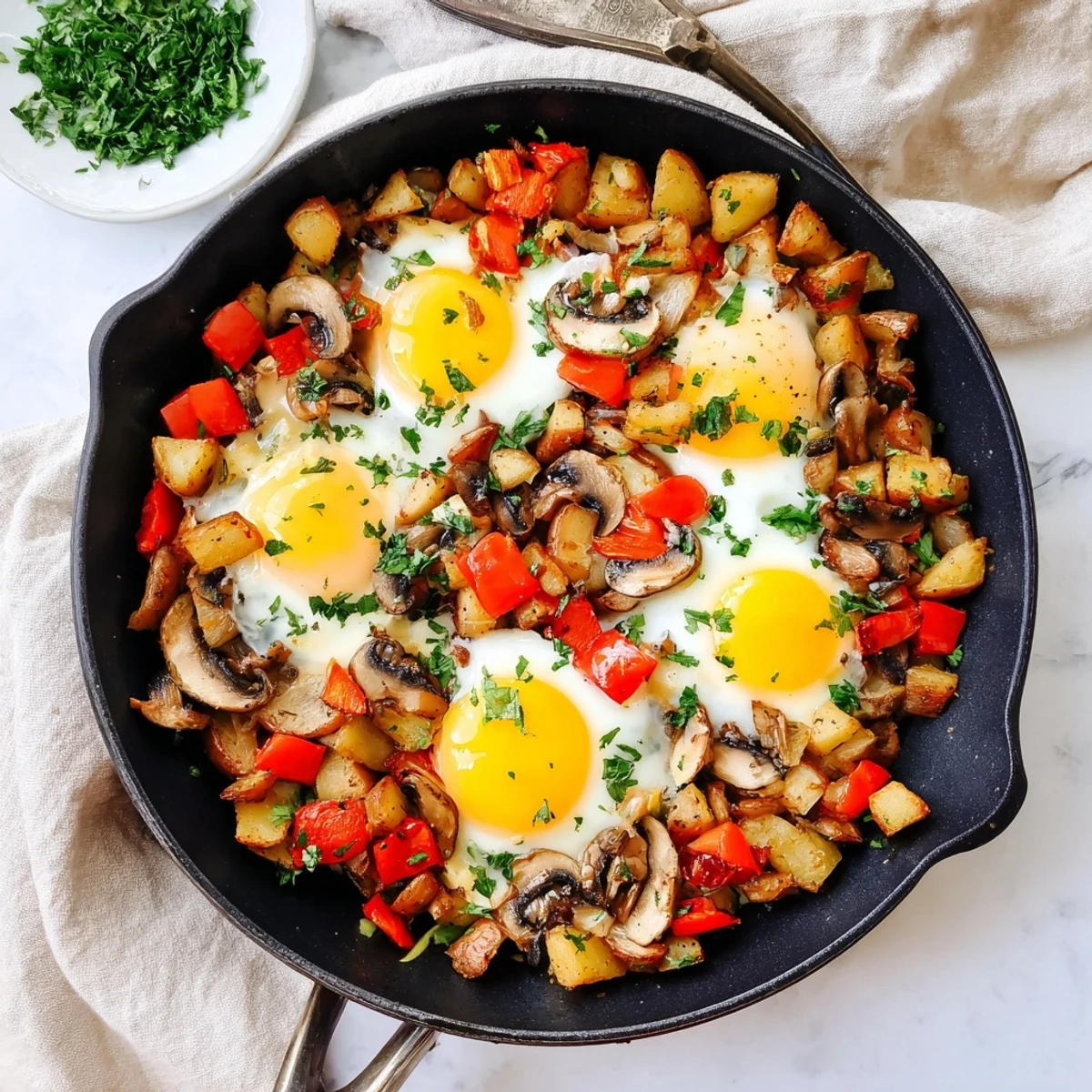 Hearty breakfast hash with eggs in a cast iron skillet, showcasing tender potatoes, savory vegetables, and runny yolks garnished with fresh parsley