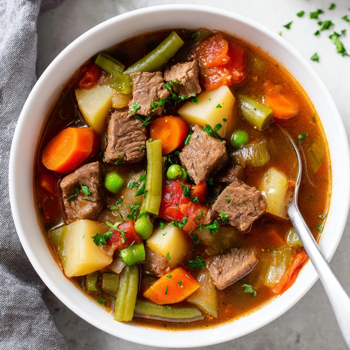 Steaming bowl of homemade braised vegetable beef soup garnished with fresh parsley and crusty bread on the side