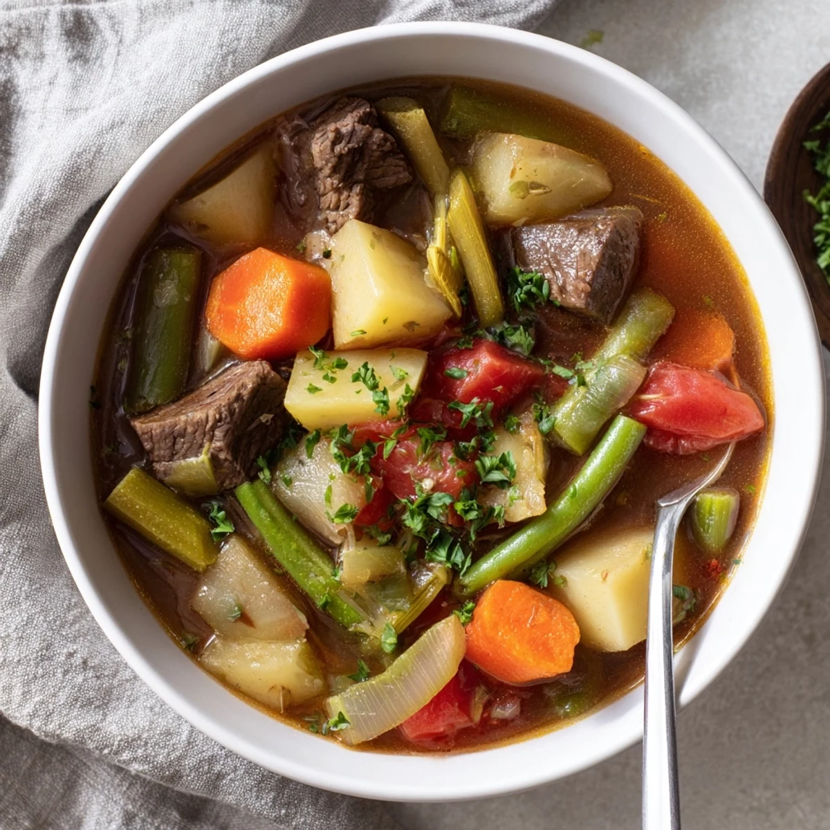 Rustic braised vegetable beef soup featuring tender beef chunks and colorful vegetables in a rich savory broth