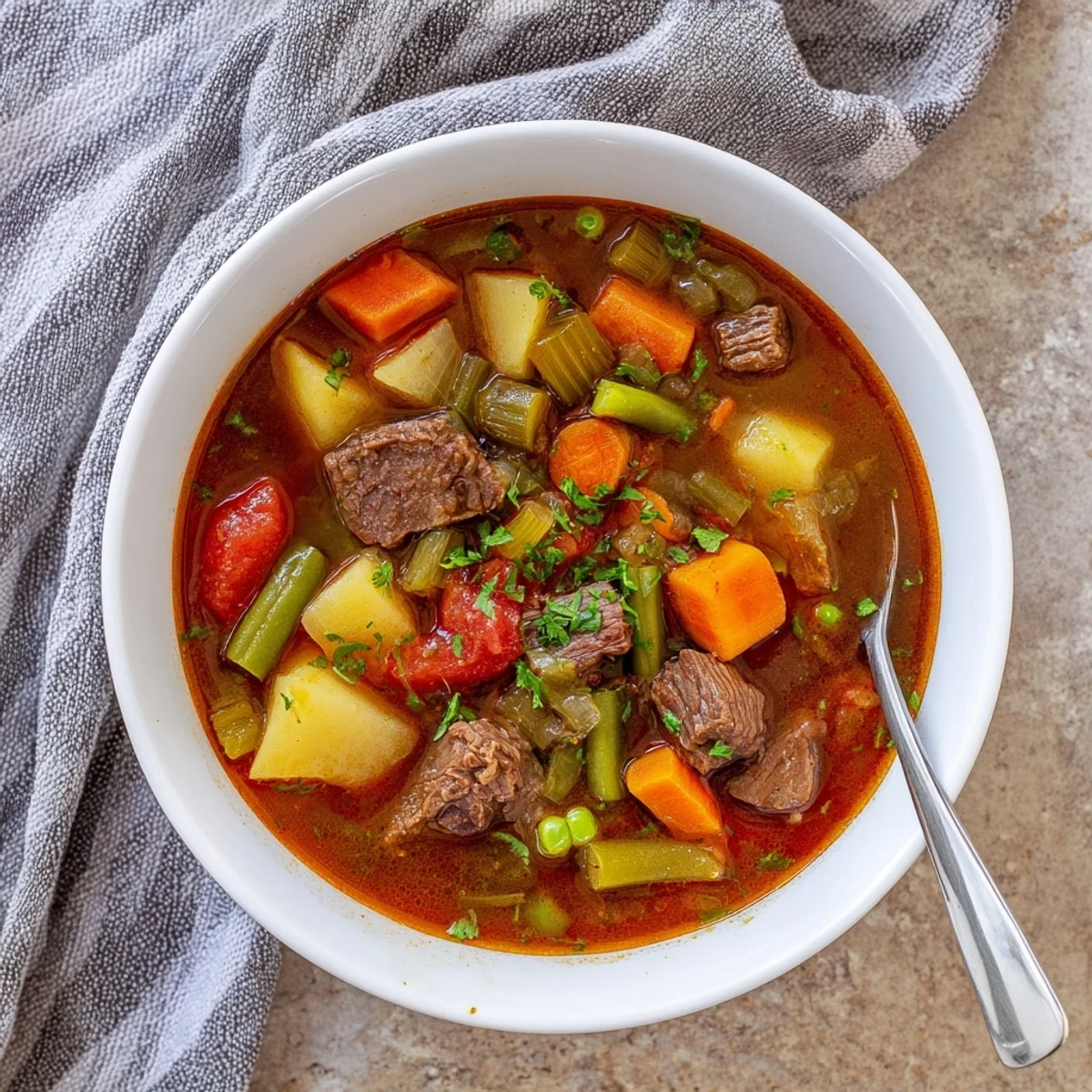 Hearty braised vegetable beef soup simmered to perfection with carrots, celery, potatoes, and melted cubes of beef