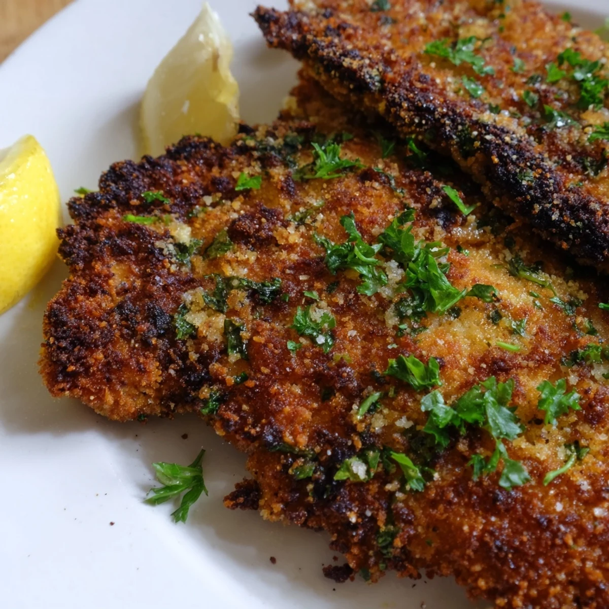 Golden crispy beef escalope Milanese garnished with fresh parsley and lemon wedges on white plate