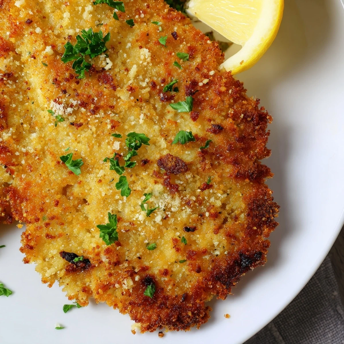 Close up of crispy beef escalope Milanese served with bright lemon wedges and chopped parsley