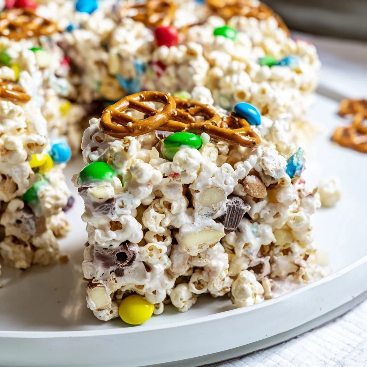 Colorful popcorn cake with marshmallow coating and candy pieces displayed on a white serving plate