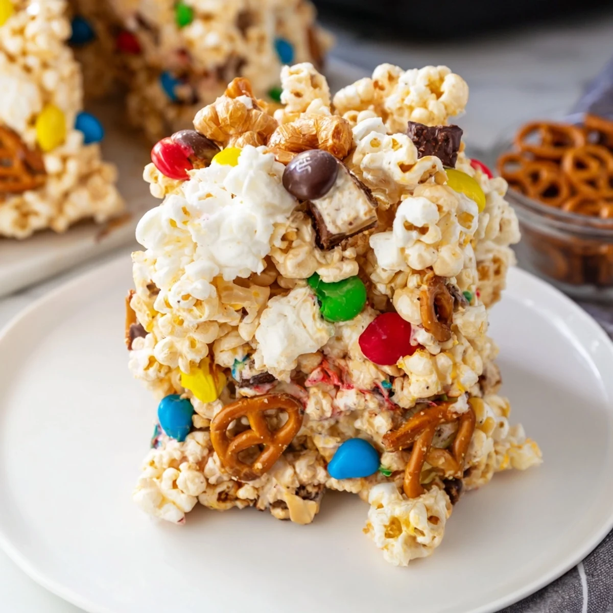 Homemade popcorn cake featuring fluffy popcorn clusters mixed with pretzels and colorful chocolate candies