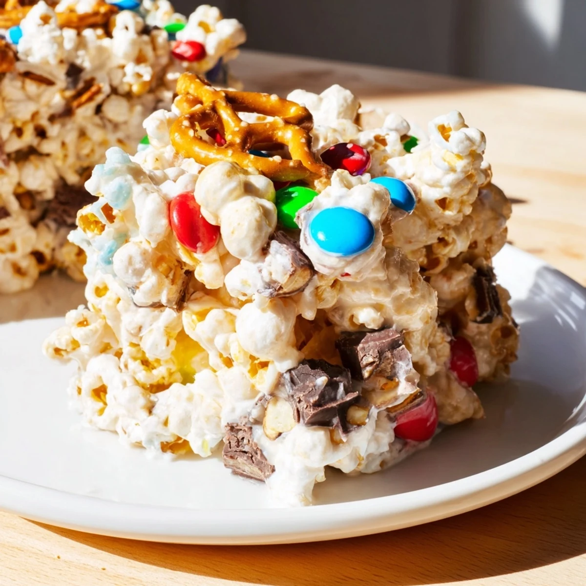 Thick slice of gooey popcorn cake dessert topped with chocolate candies and salty pretzels