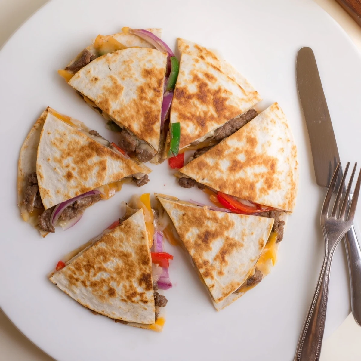 Golden brown Cajun beef sausage quesadillas with melted Monterey Jack and cheddar cheese