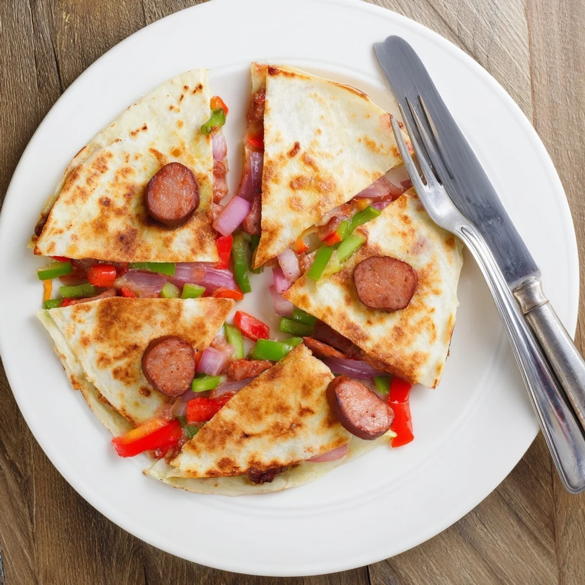 Spicy Cajun beef sausage quesadillas featuring colorful peppers and crispy tortilla edges