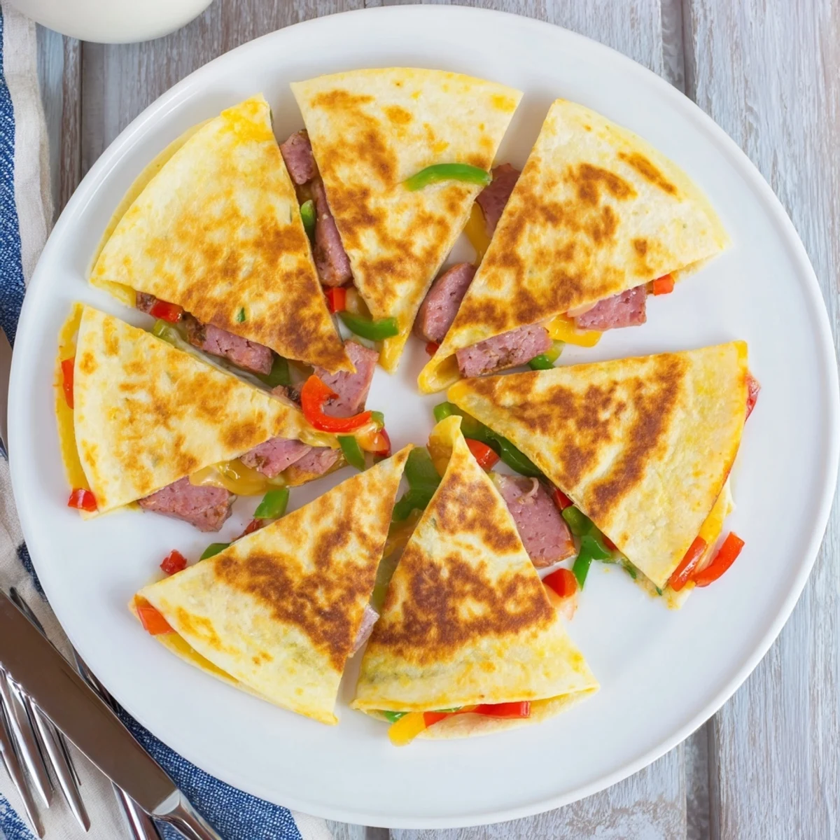 Crispy pan-fried quesadilla packed with Cajun beef sausage and gooey melted cheese blend