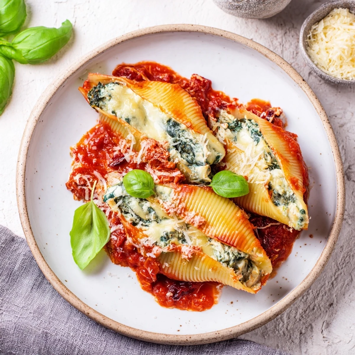 Golden jumbo stuffed pasta shells bubbling with rich tomato sauce and Parmesan